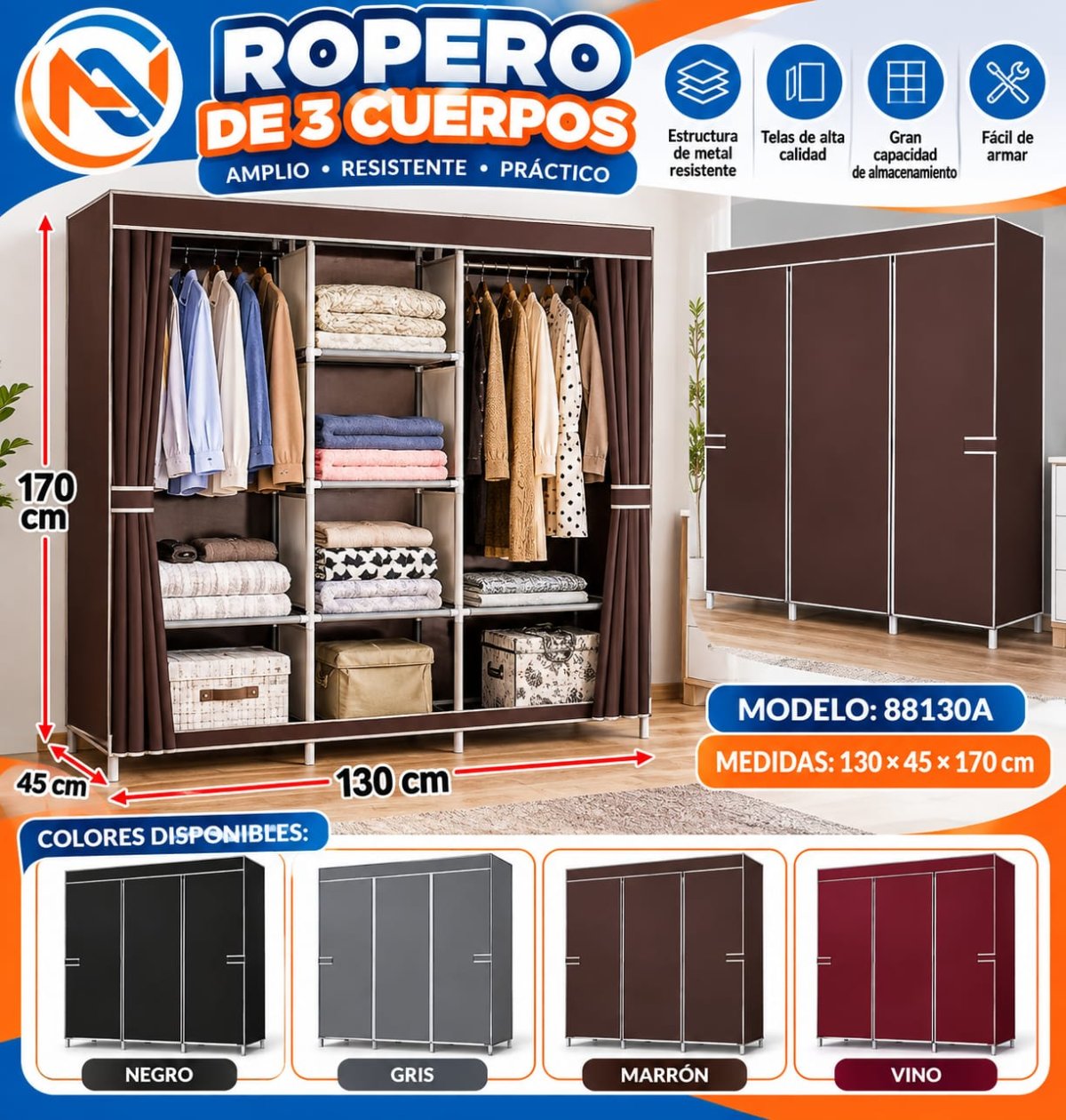 ROPERO DE 3 CUERPOS DE TELA
