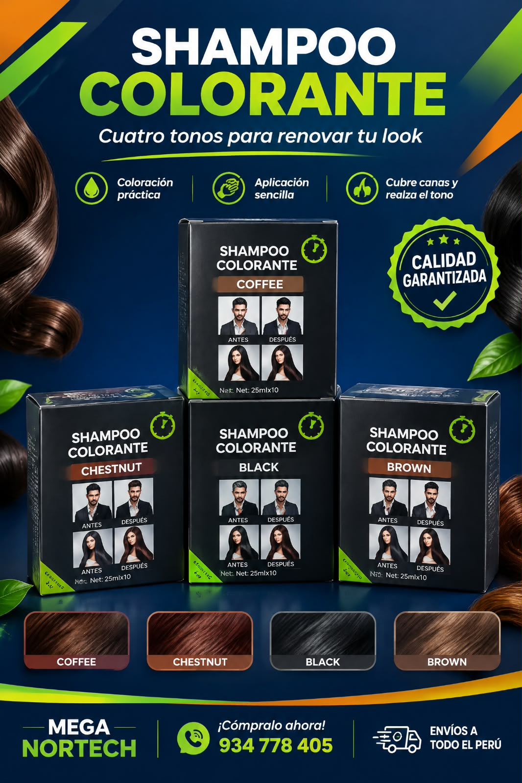 SHAMPOO TINTE X10 NEGRO-CAFE - CASTAÑO- MARRON