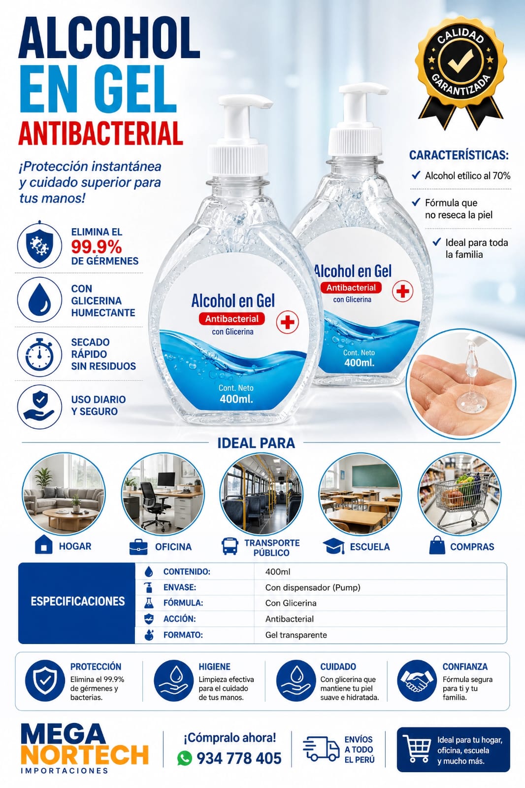 ALCOHOL EN GEL CON GLICERINA 400 ML