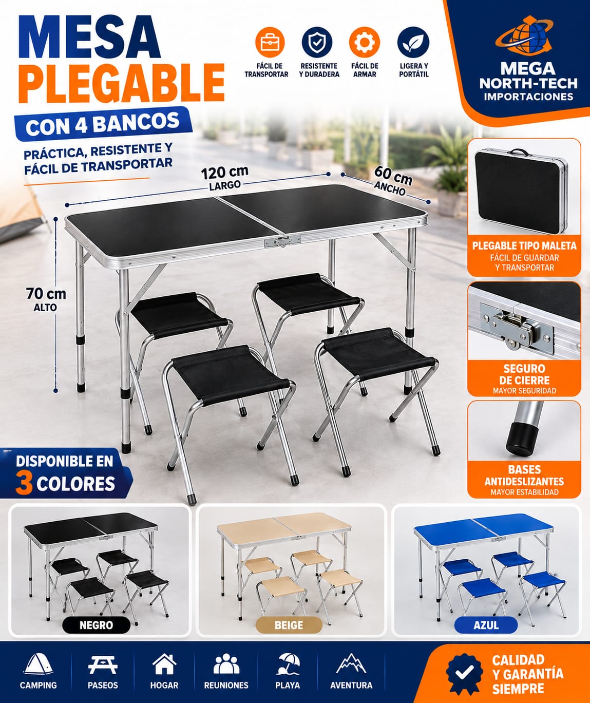 MESA PLEGABLE DE 120 X 60 X 70 MAS 6 BANCOS