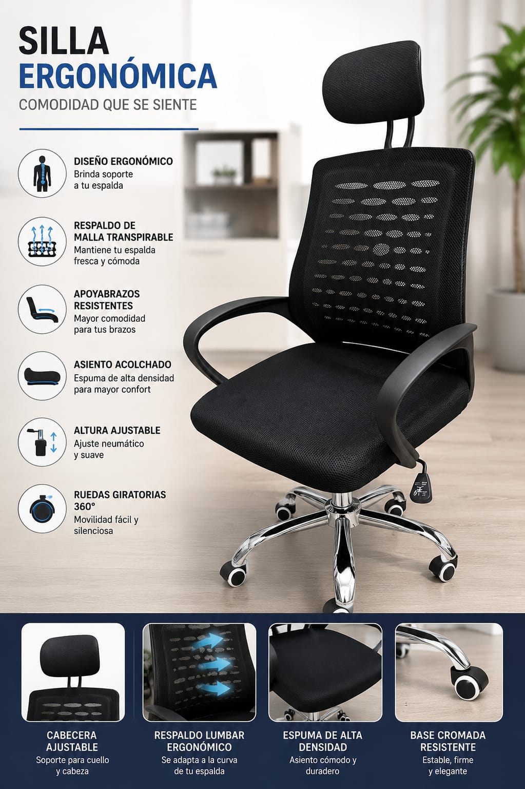 SILLA DE OFICINA CON CABESAL CON RUEDAS