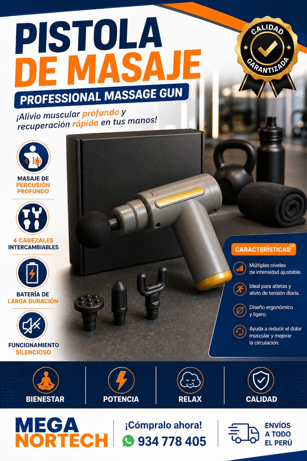 PISTOLA DE MASAJE MUSCULAR RECARGABLE