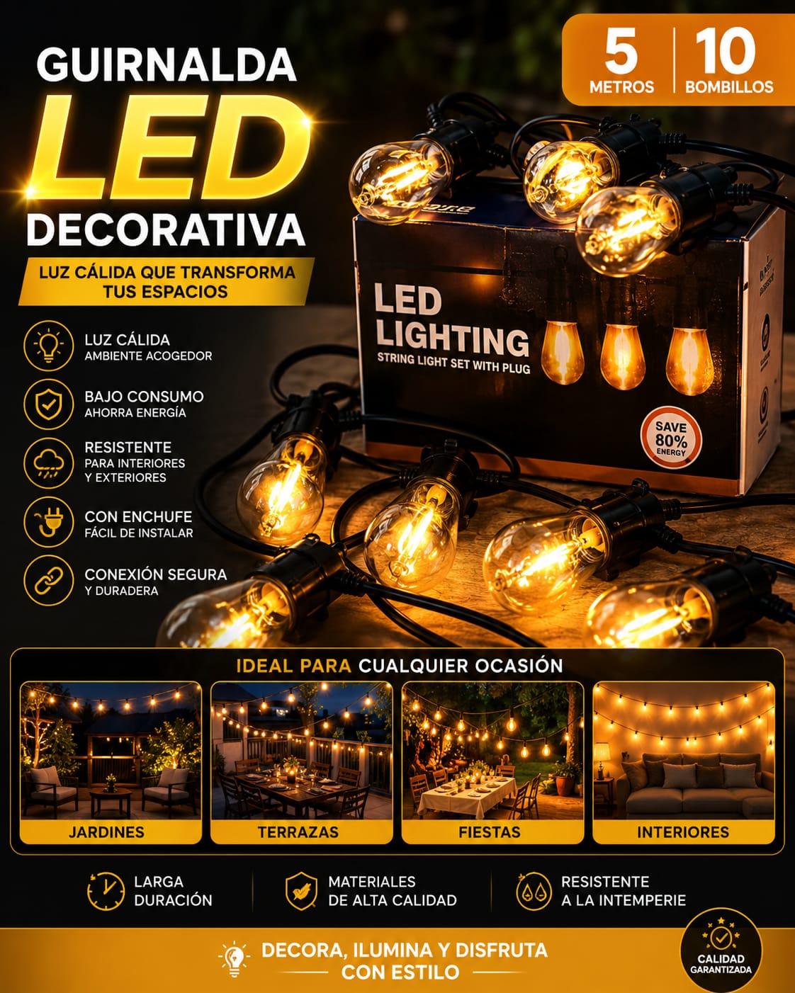 GUIRNALDAS DE LUZ CALIDA BOMBILLO TRASPARENTE