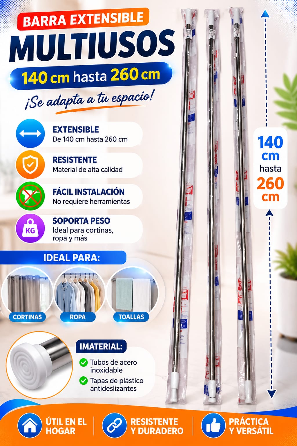 TUBO DE CORTINA DE BAÑO EXPANDIBLE 140 HASTA 2.60 CM