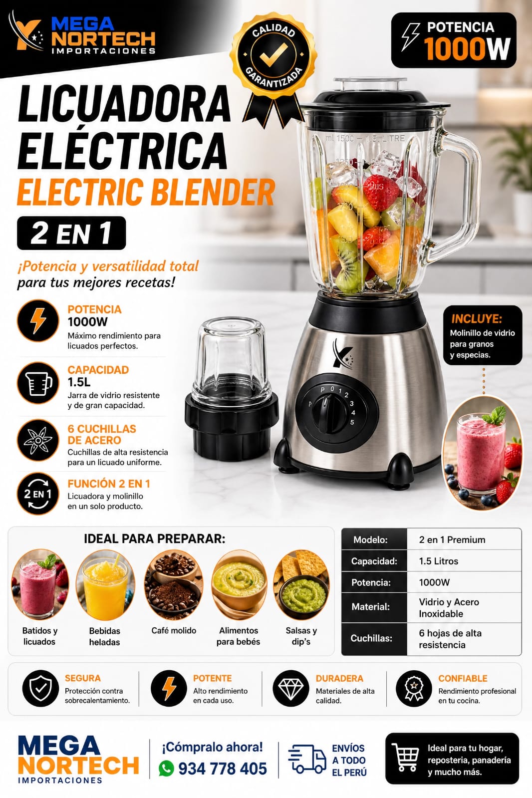 LICUADORA DE VIDRIO BLENDER 1.5 LT