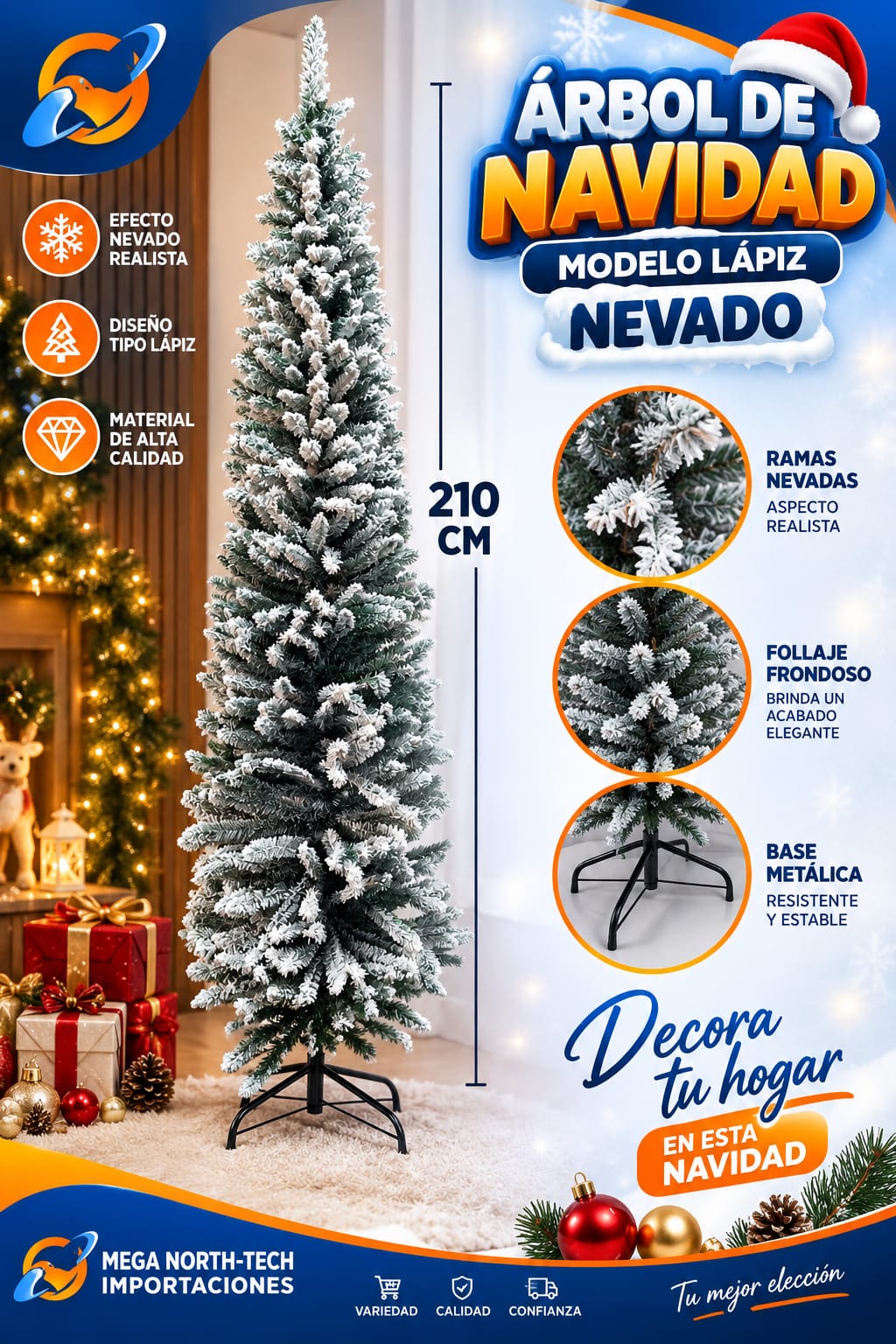 🎄❄️ ÁRBOL DE NAVIDAD MODELO LÁPIZ NEVADO 210 CM❄️🎄