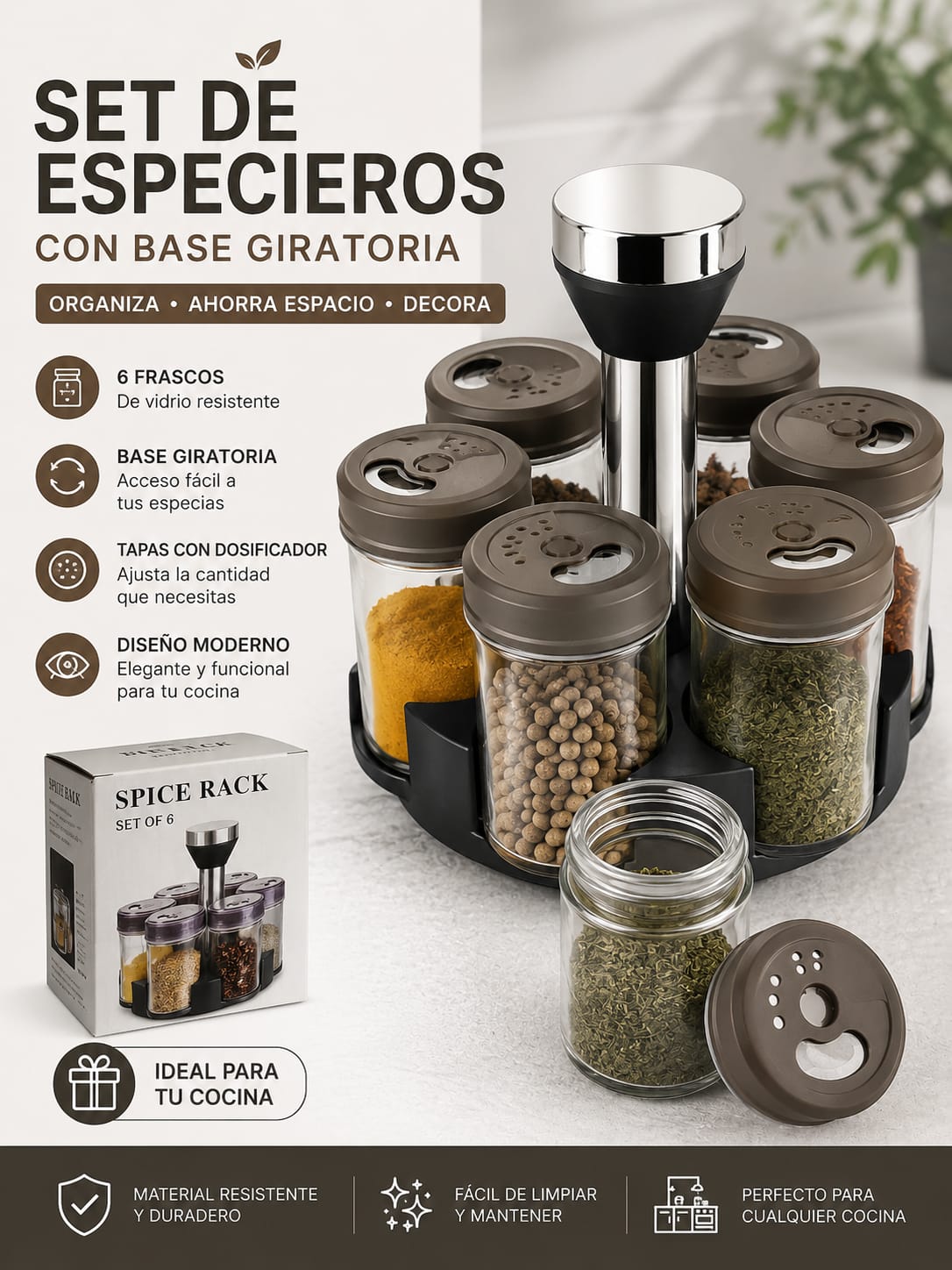 CONDIMENTERO DE 6 PIEZAS TAPA DE PLÁSTICO