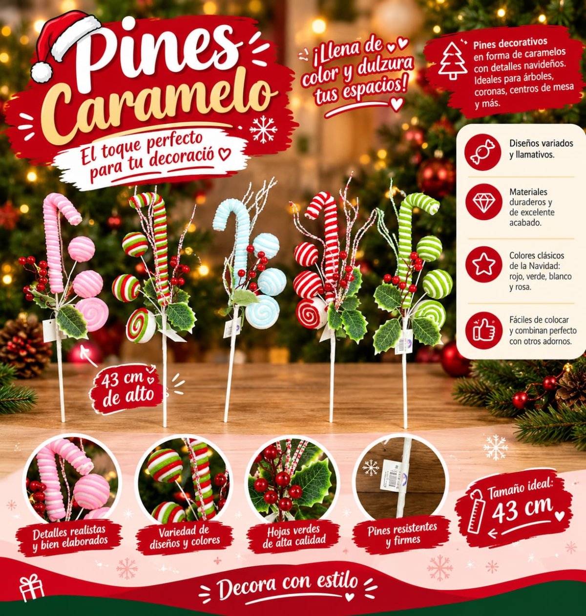 PINES DE CARAMELO BASTON NAVIDEÑOS 43CM