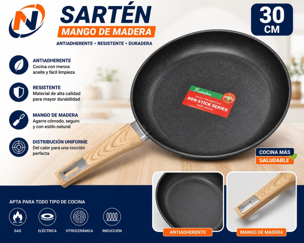 SARTEN CON MANGO DE MADERA 30 CM
